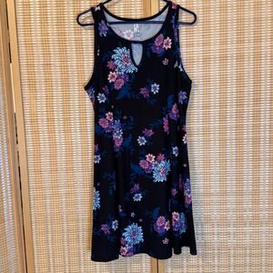 Mudd Womens XL Floral Sleeveless Keyhole A-Line Dress Black Blue Purple Cottage
